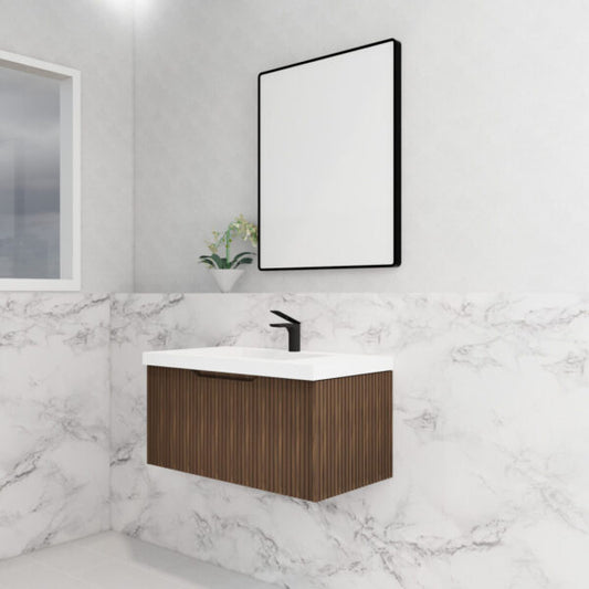 900mm Vienna Wall Hung Vanity - MDF Fluted - Brown oak