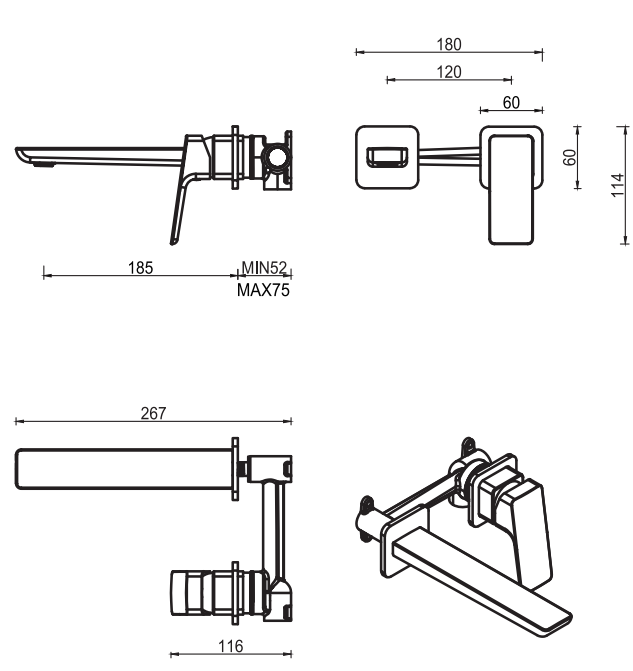 Tiago Wall-Spout Combo - 2P - TRIM KIT - Gunmetal