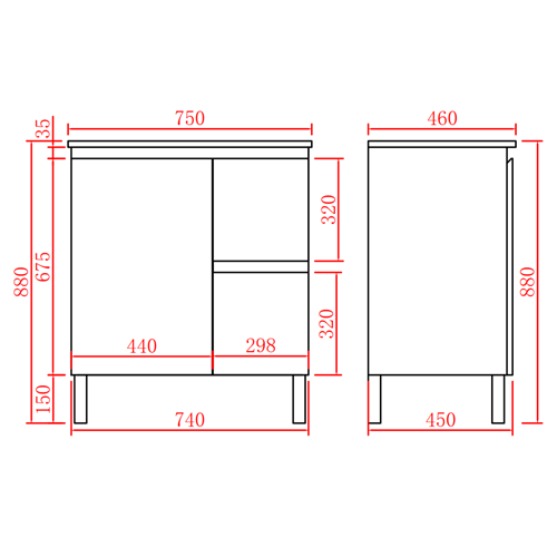 750mm PVC Waterproof Freestanding/Floor Vanity With Ceramic Top - Right Hand Drawers