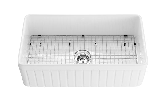828mm Greenwich Fireclay Farmhouse Single Sink - Fluted & Flat Reversible - Gloss White