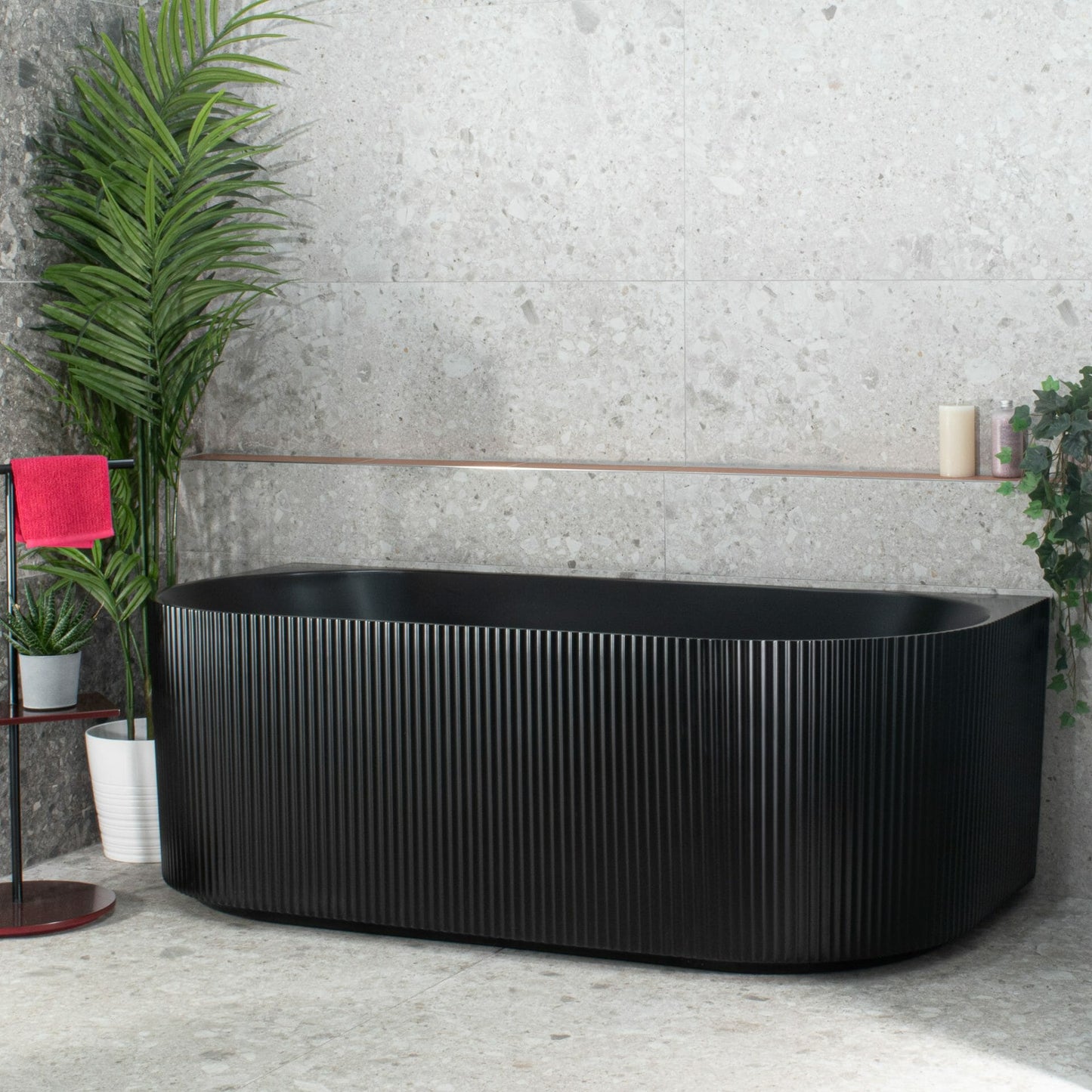 Brighton Groove Fluted Oval Freestanding Back to Wall Bathtub - Matt Black - No Overflow - 1500mm