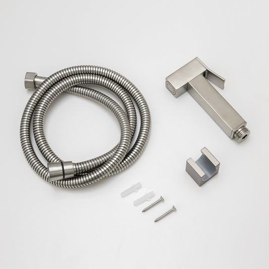 Square Brushed Nickel Brass Toilet Bidet Spray Kit with Stainless Steel Hose