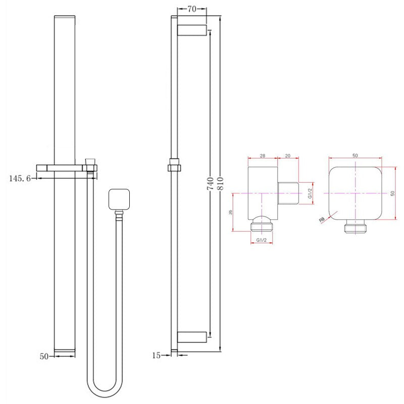 Square Brushed Brass Sliding Shower Rail without Handheld Shower(PVC Hose)