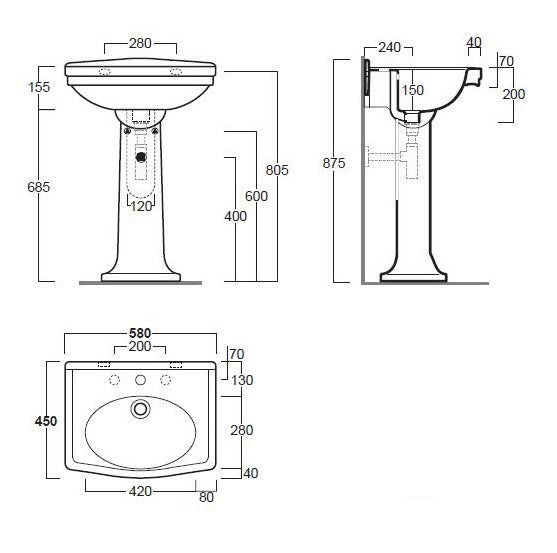 Claremont 58x45 Basin & Pedestal - 3TH