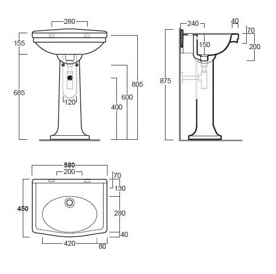 Claremont 58x45 Basin & Pedestal - no tap hole