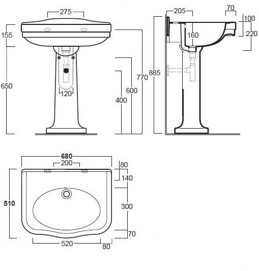 Claremont 68x51 Basin & Pedestal - no tap holes