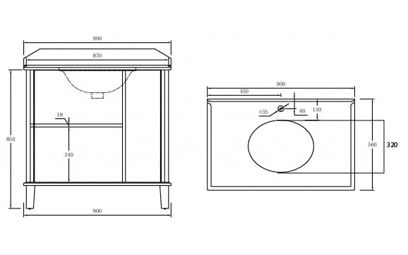 Coventry 90x55 White Vanity with Marble Top & Under Counter Basin - 1TH