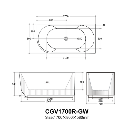 1500mm Capri Fluted Oval Freestanding Right Corner Bathtub - No Overflow - Matte Black