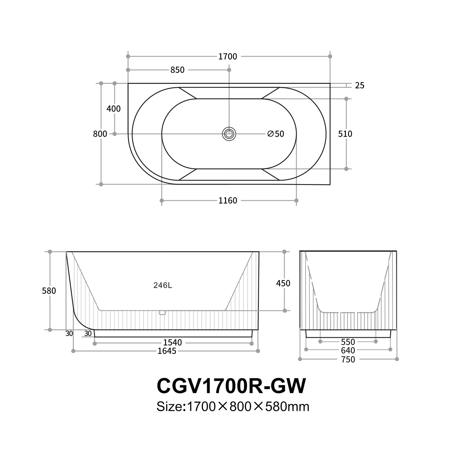 1700mm Capri Fluted Oval Freestanding Right Corner Bathtub - No Overflow - Matte Black