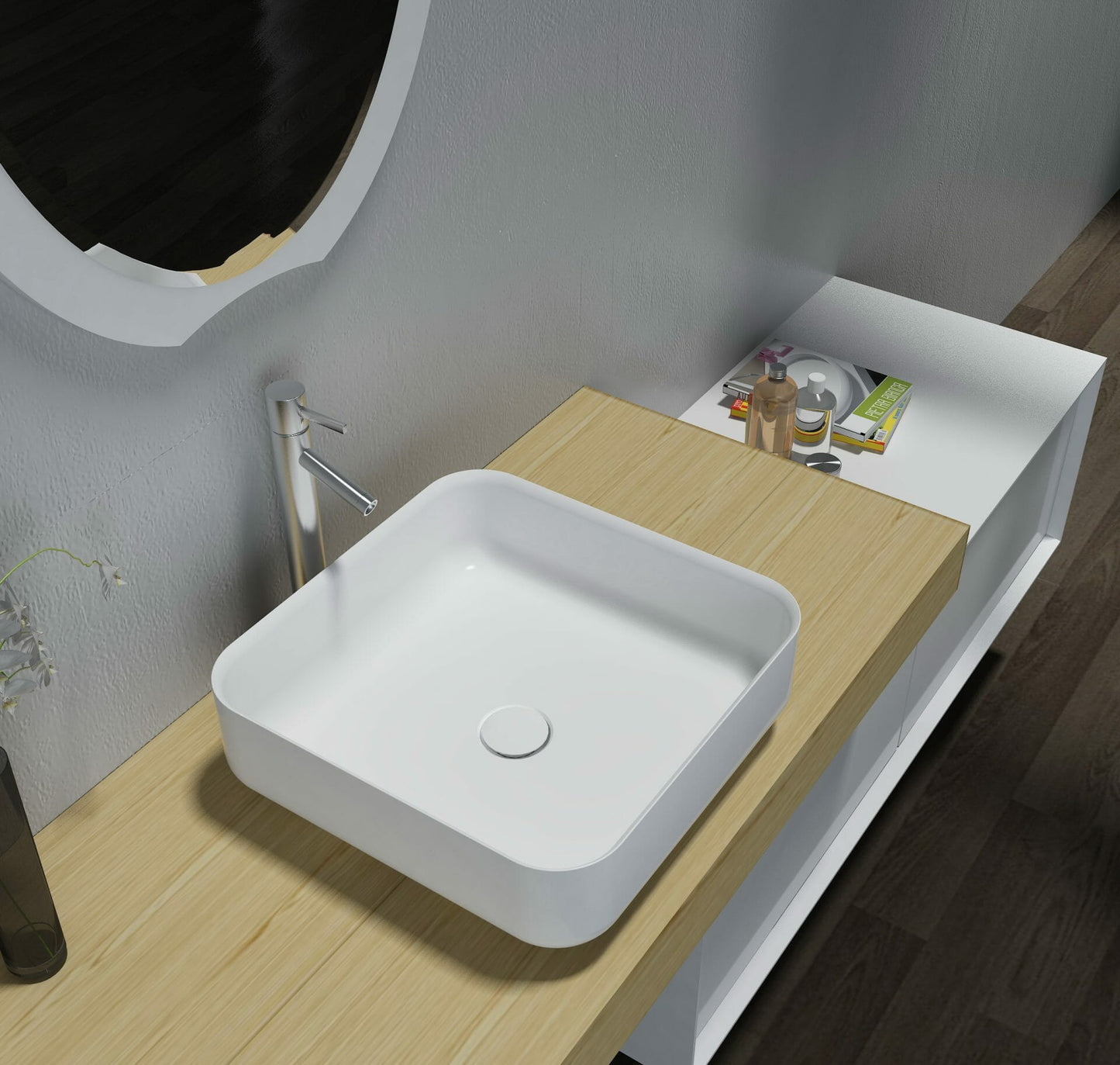 Matte White Square Artificial Stone Basin - 405x405x130mm