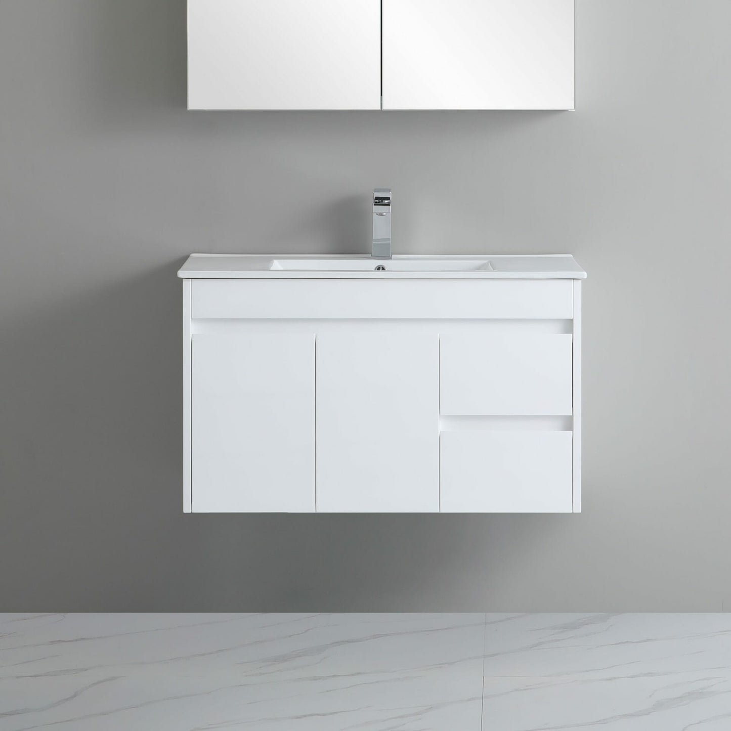900mm Polar Slim Wall Hung Vanity PVC Right Side Drawers - Cabinet Only - Gloss White