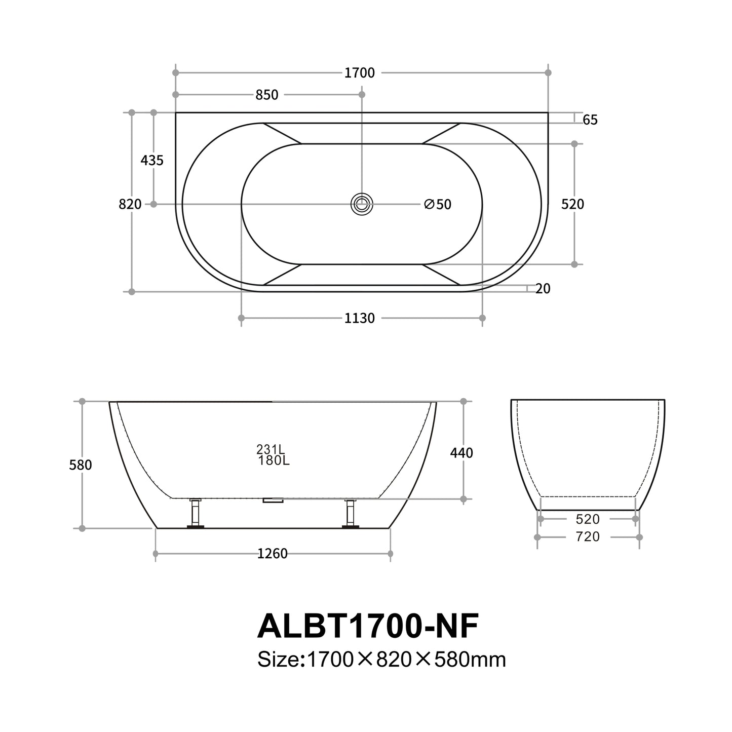 1700mm Aria Back to Wall Bathtub - No Overflow - Gloss White