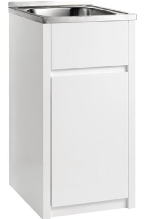 454mm 35L Stainless Steel Laundry Tub with PVC Cabinet with Left Hinge- Gloss White