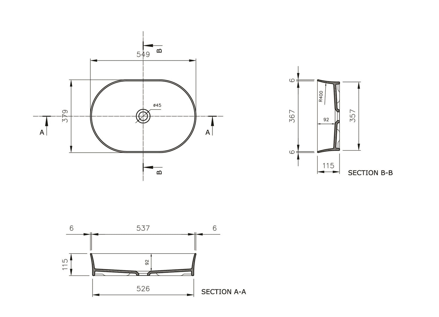 Fino 55x38 Counter Top Basin - Matte White