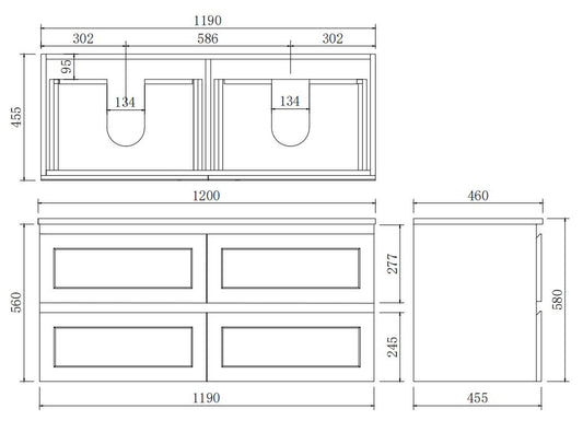 1200mm Fremantal Wall Hung Vanity PVC - Cabinet Only - Double Bowl - Matte Black