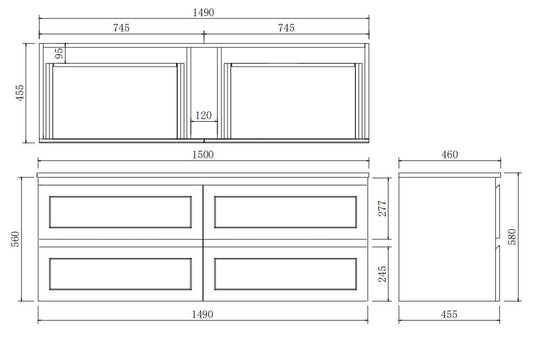 1500mm Fremantal Wall Hung Vanity PVC - Cabinet Only - Single Bowl - Matte Grey