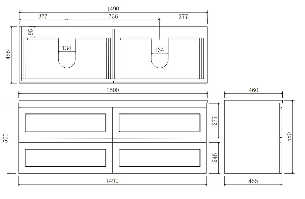 Fremantle Wall Hung Vanity - Four Drawers - Double Bowl - Matt Grey - 1500mm