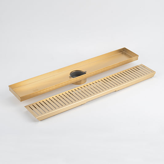 Radiant Slotted Linear Shower Grate - 600 mm length + 74mm outlet - Brushed Gold
