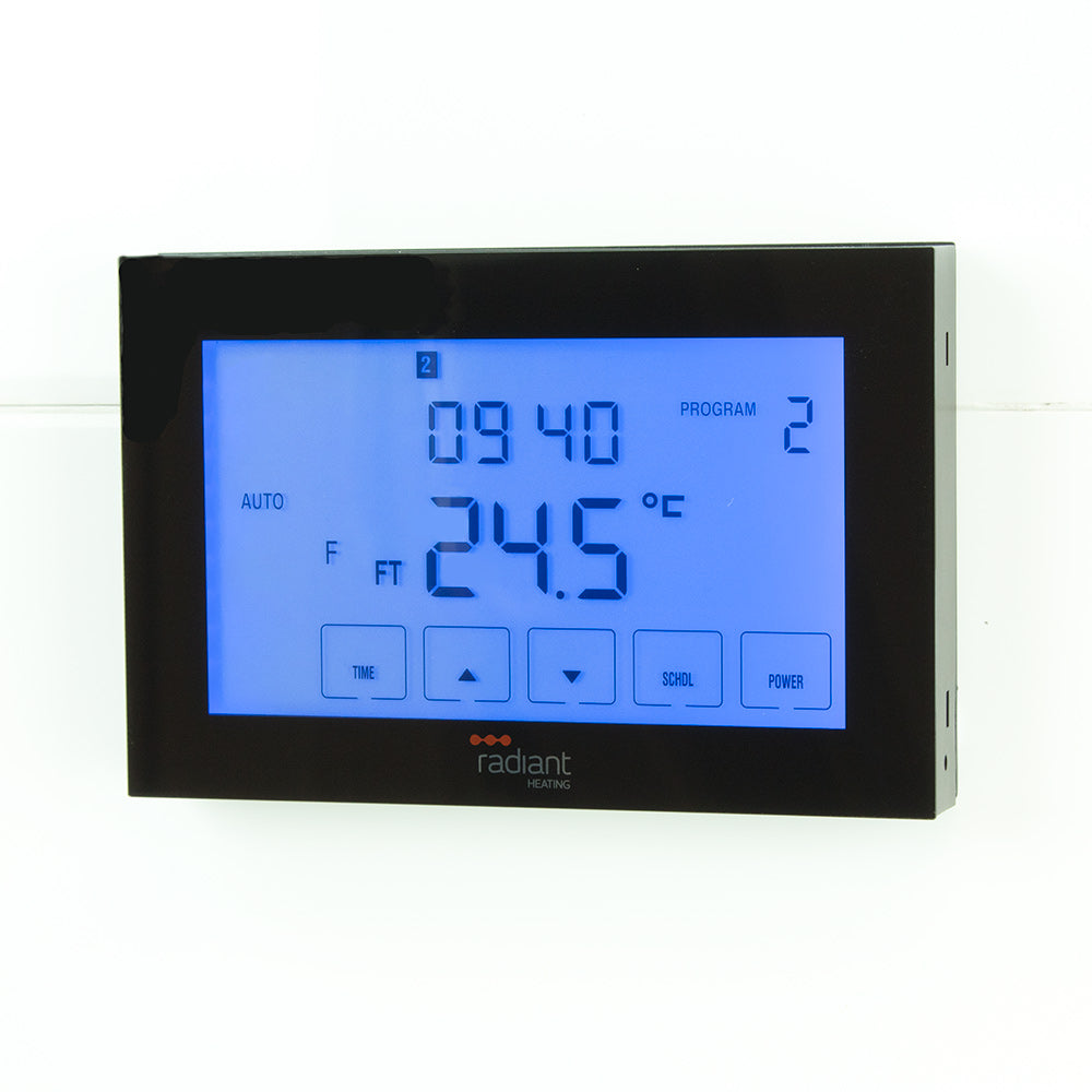 Radiant Glass Fronted touch screen thermostat horizontal mounted - black