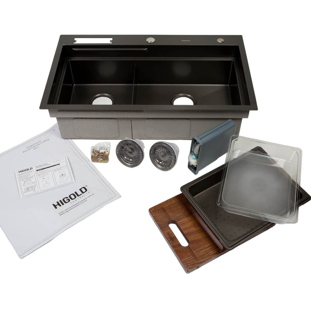 820mm Gun Metal Belle Luxe 1.0 Double Bowl Workstation Kitchen Sink - Slide Lip - Nano Coated 3mm Thick Stainless Steel Panel - Anti-Scratch