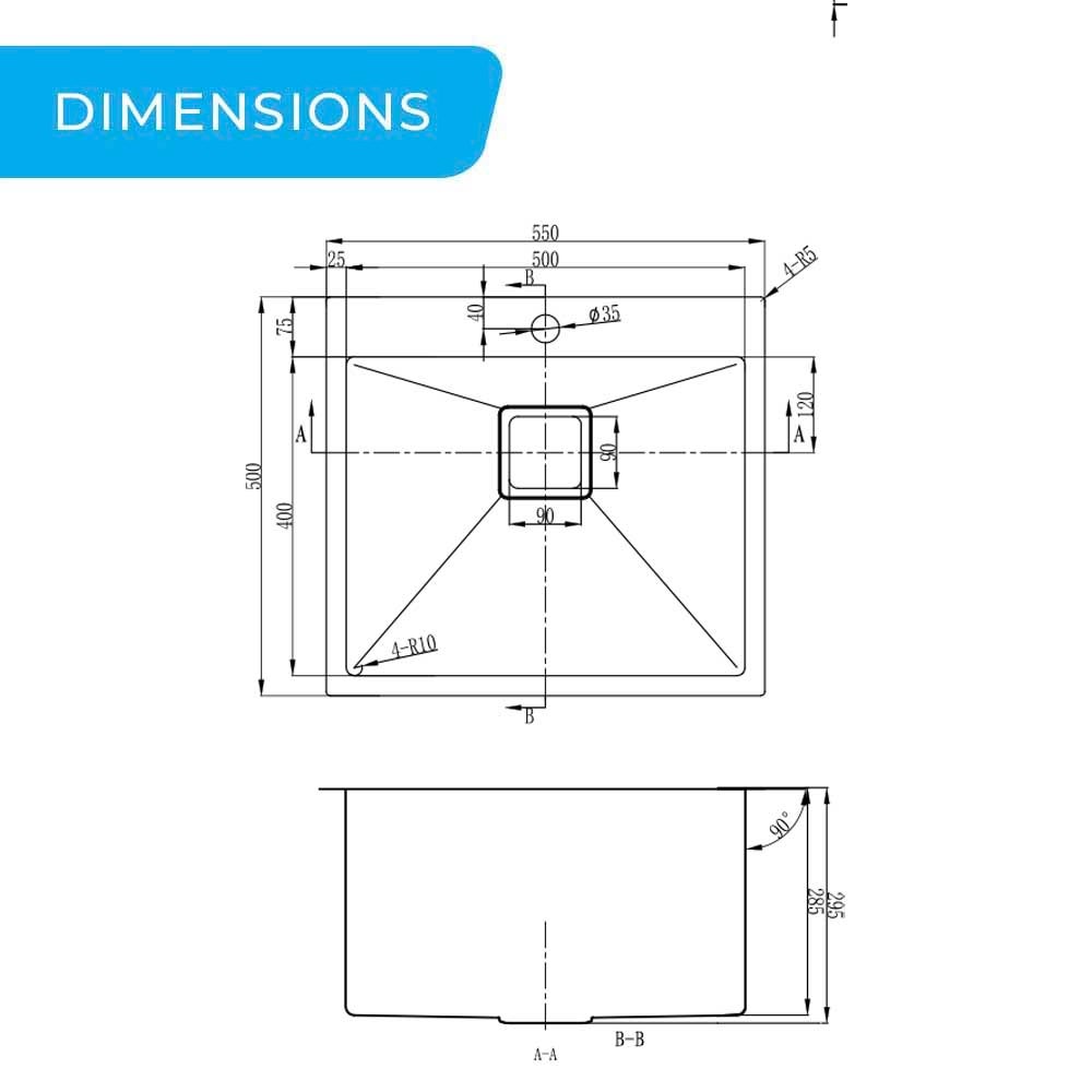 Vanté Single Bowl DEEP Kitchen Sink - R10 Corner - SS 304 Stainless Steel - 550mm - Brushed Finish