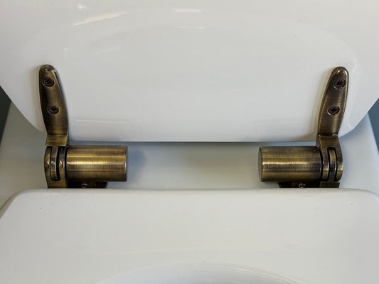 Claremont White Soft Close Toilet Seat – Antique Brass Hinges