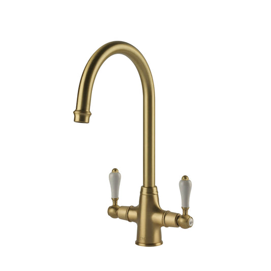 Ludlow Double Mixer Tap with Metal Handle - Brushed Brass