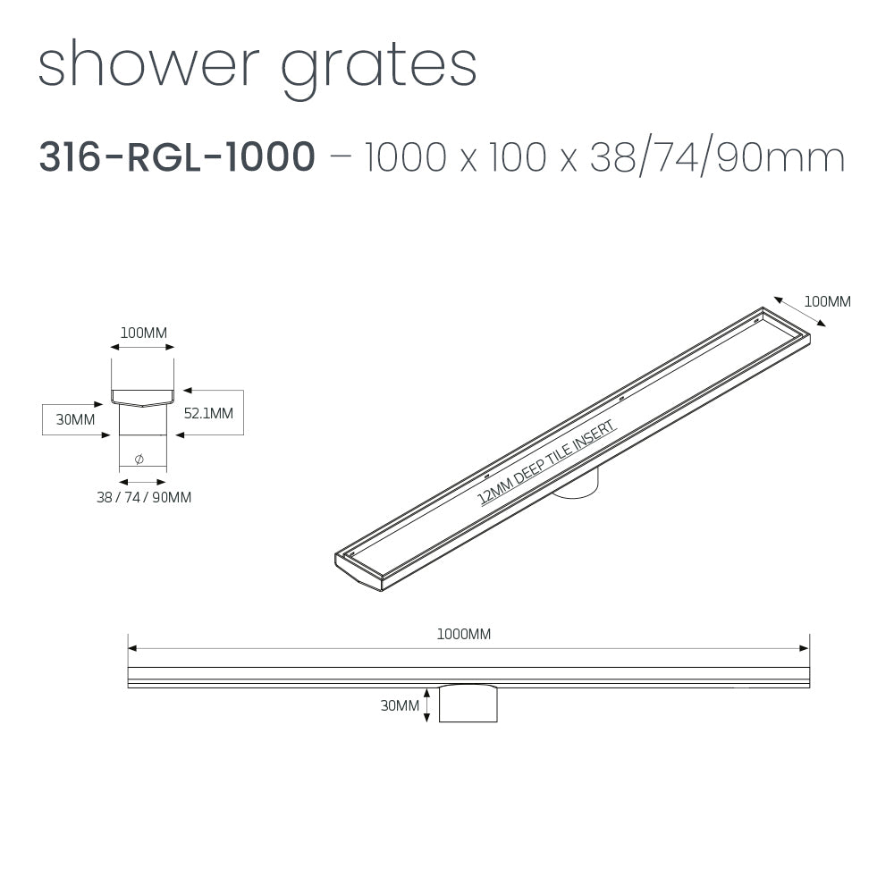 Radiant Tile Insert Linear Shower Grate - 1000 mm length + 74mm outlet - Matt Black