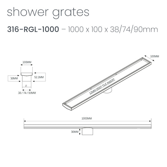 Radiant Tile Insert Linear Shower Grate - 1000 mm length + 74mm outlet - Matt Black