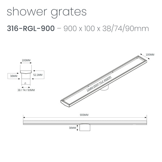 Radiant Tile Insert Linear Shower Grate - 900 mm length + 38mm outlet - Matt Black