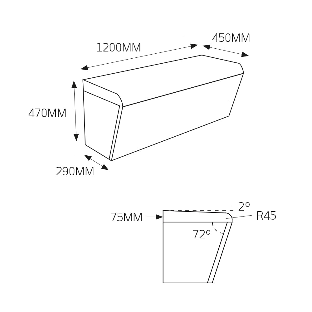 Radiant Pack of 1 - Thermasheet curved shower seat 1200 x 450 x 470 mm