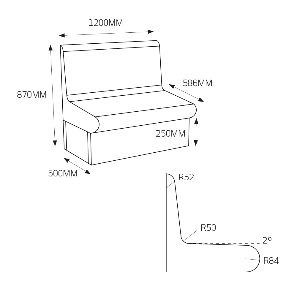 Radiant Pack of 1 - Thermasheet curved shower seat with back 1200 x 586 x 870 mm