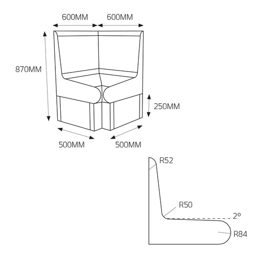 Radiant Pack of 1 - Thermasheet curved corner shower seat with back 600 x 600 x 870 mm
