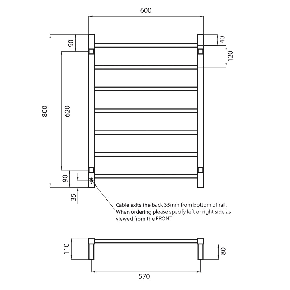 Radiant Polished Chrome 600 x 800mm Square HEATED Towel Rail RIGHT