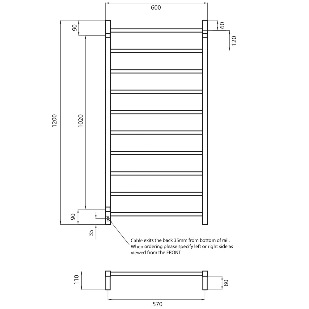 Radiant Polished Chrome 600 x 1200mm Square HEATED Towel Rail LEFT