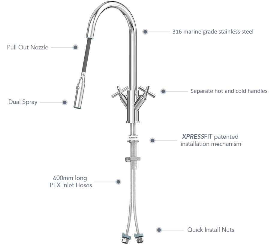 X-GEN 316 Stainless Steel Gooseneck XPRESSFIT retractable tap with cross handles Chrome
