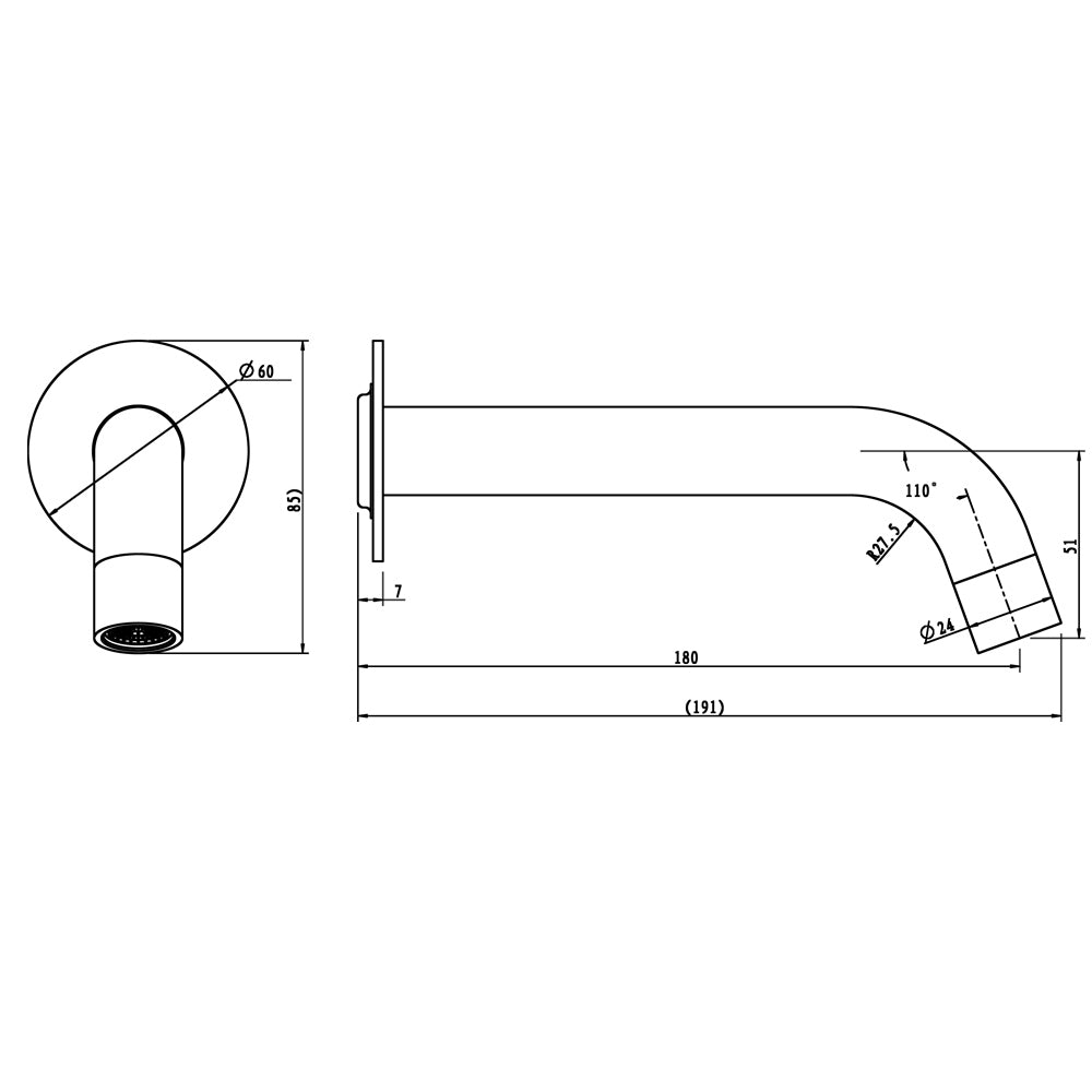 LUCID PIN Series Round Brushed Nickel Bathtub/Basin Wall Spout(60mm Flat Back Plate)