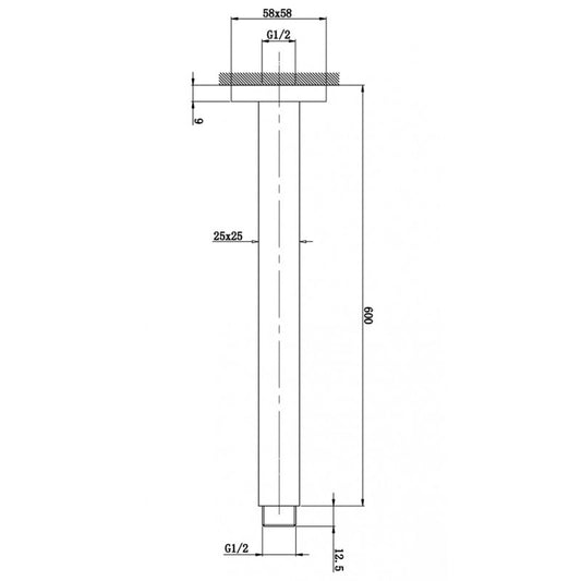 Square Black Ceiling Shower Arm 600mm