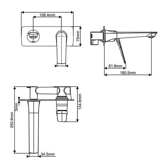 AU Series Square Chrome Wall Mixer With Spout