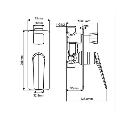 AU Series Square Chrome Wall Mixer with Diverter