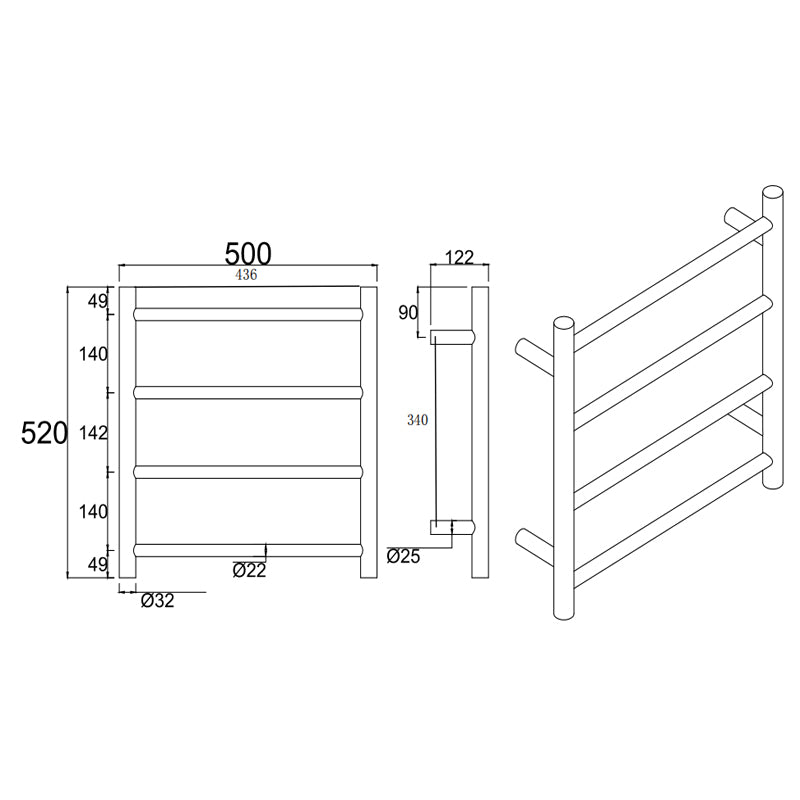 Round Chrome Electric Heated Towel Rack 4 Bars
