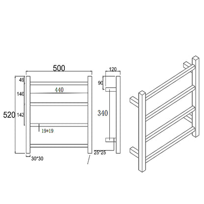 Square Brushed Nickel Electric Heated Towel Rack 4 Bars