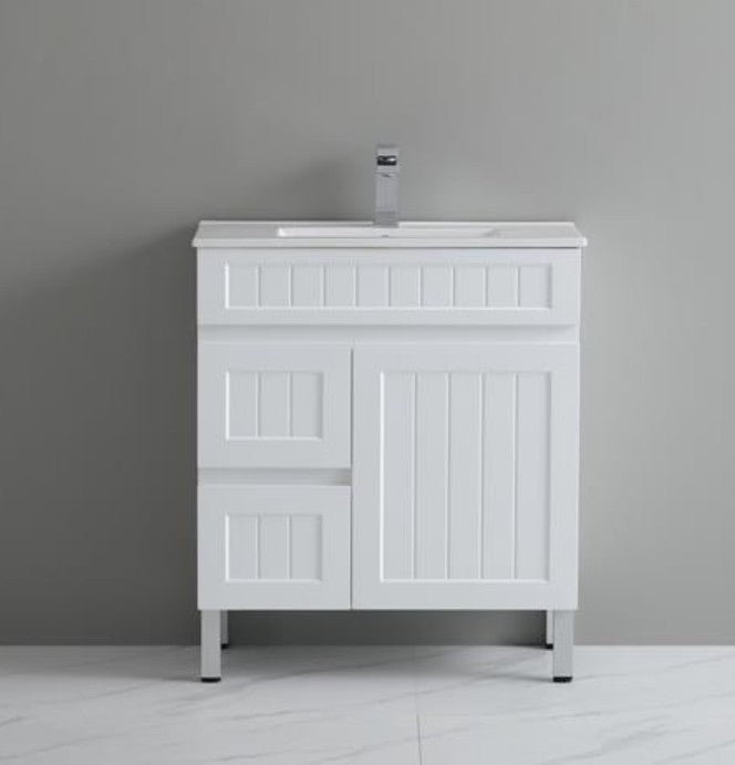 750mm Acacia Slim Floor Vanity PVC Left Side Drawers - Cabinet Only - Matte White