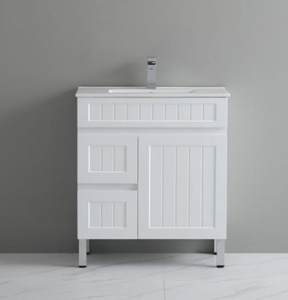 750mm Acacia Slim Floor Vanity PVC Left Side Drawers - Cabinet Only - Matte White