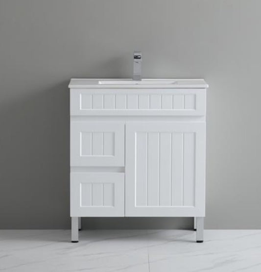 750mm Acacia Slim Floor Vanity PVC Left Side Drawers - Cabinet Only - Matte White