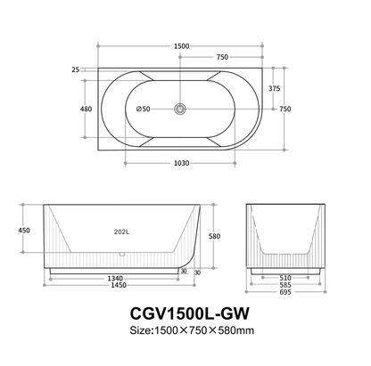 1500mm Capri Fluted Oval Freestanding Left Corner Bathtub - No Overflow - Matte Black
