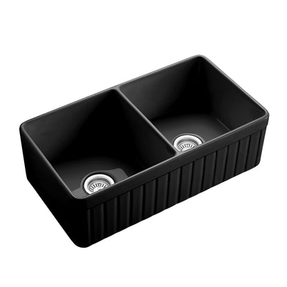 828mm Greenwich Fireclay Farmhouse Double Sink - Fluted & Flat Reversible - Matte Black