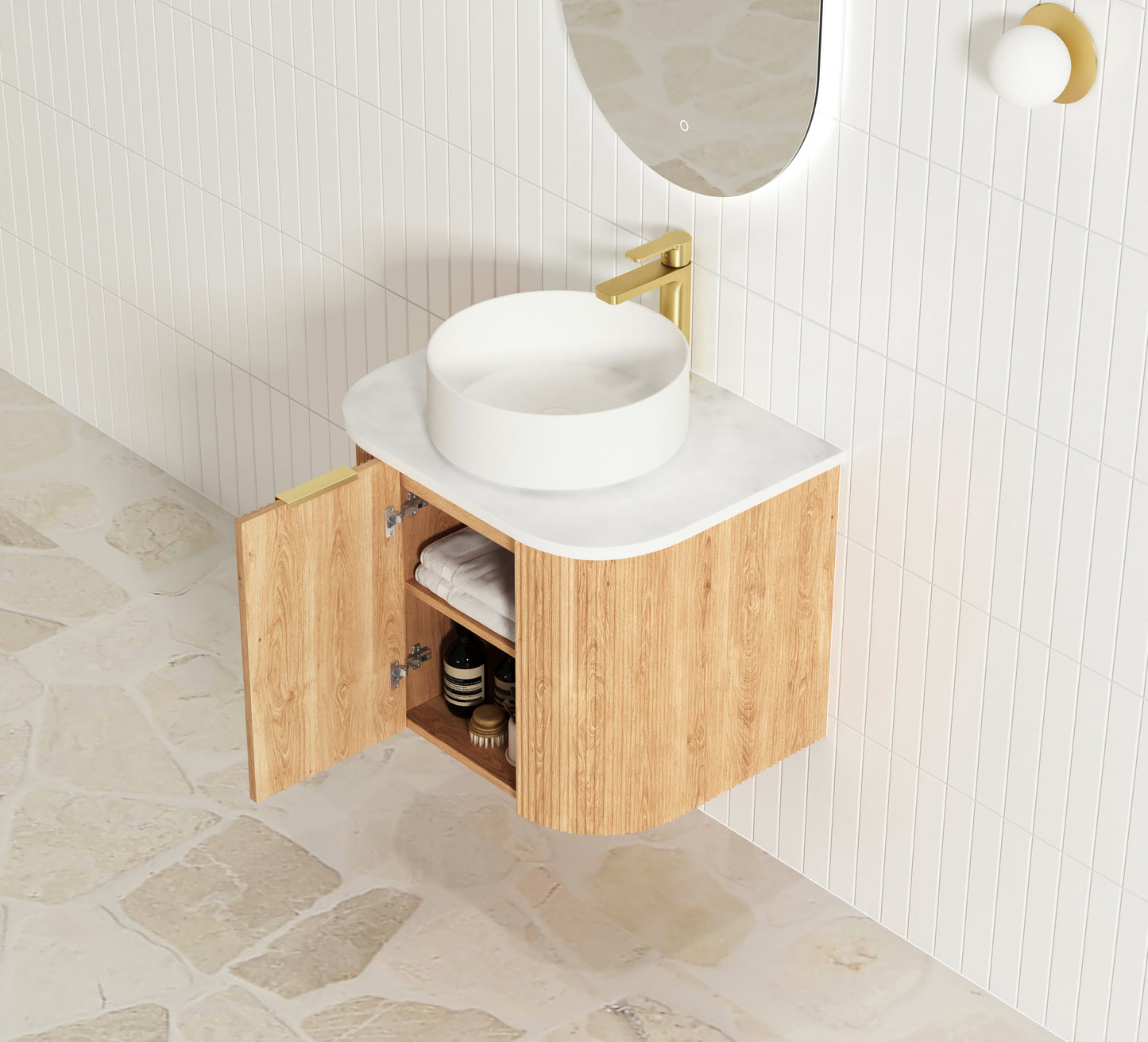 Bondi Fluted 600mm Woodland Oak Curve Cabinet Only
