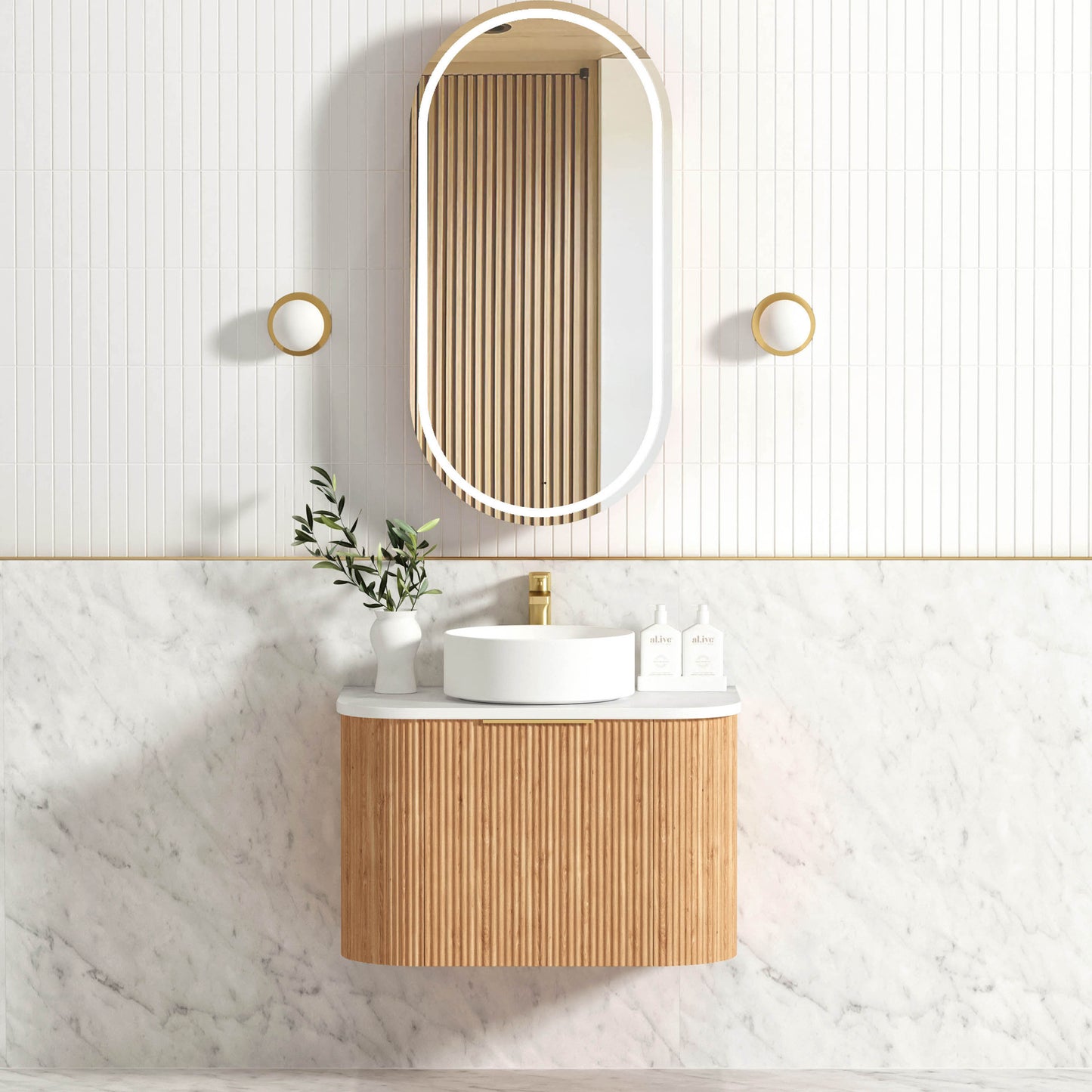 Bondi Fluted 750mm Woodland Oak Curve Cabinet Only