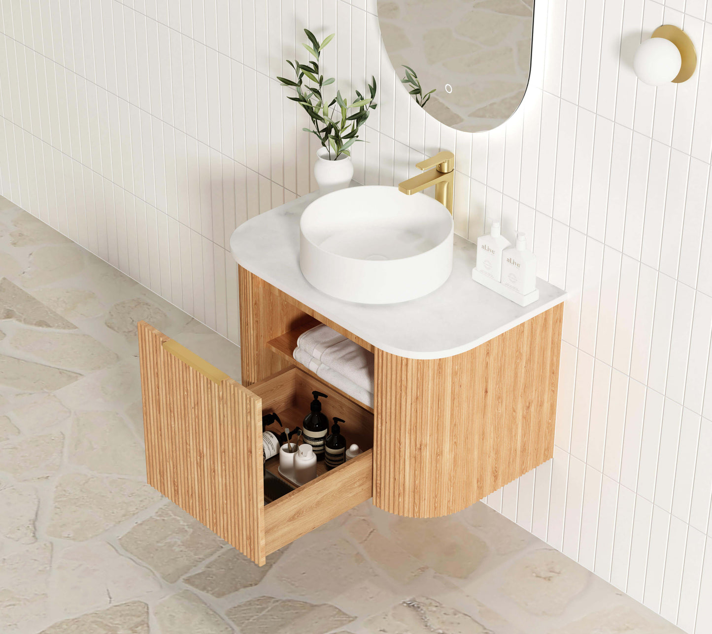 Bondi Fluted 750mm Woodland Oak Curve Cabinet Only